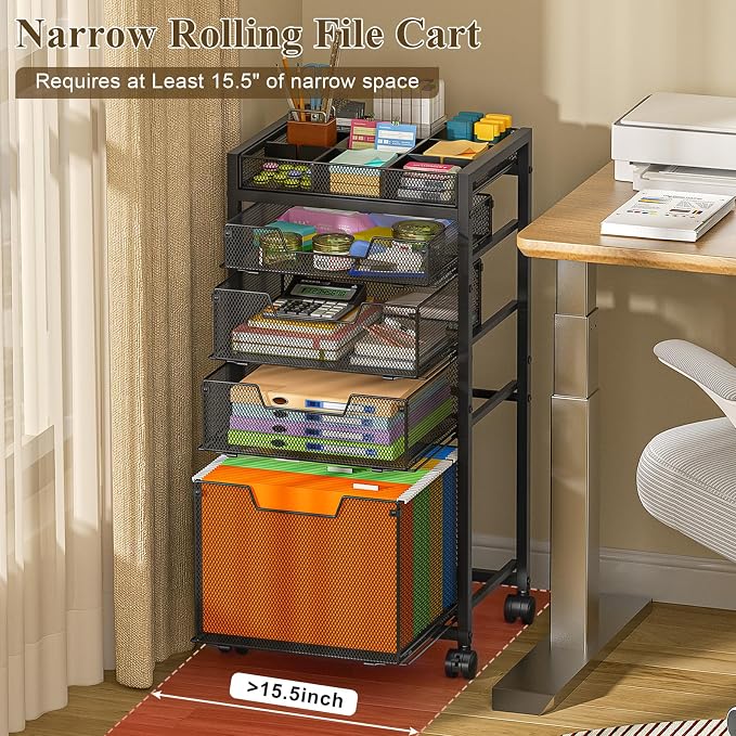 Rolling File Cart with 4 Storage Drawers, Under Desk Organizer with DIY Divider, Moblie Filing Cabinet on Wheels, Fits A4/Letter Size, Metal Utility Cart for Home Office, Black - Image 2