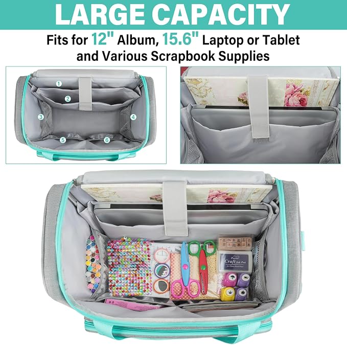 Craft Bag for Scrapbook Supplies, Large Scrapbook Tote with 15.6'' Laptop Sleeve, Art Supply Storage Bag with Multiple Pockets for Scrapbooking Tools, Gray - Image 2