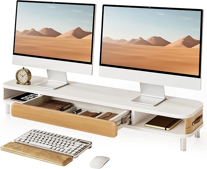 Fenge Dual Monitor Stand with Large Storage Drawer, 42.5" Dsek Shelf, White | Slide-Out Drawer with Wood Grain Finish, Ergonomic Monitor Riser, Aluminum leg, 2-Tier Desk Organizer for Laptop, TV, PC by Fenge