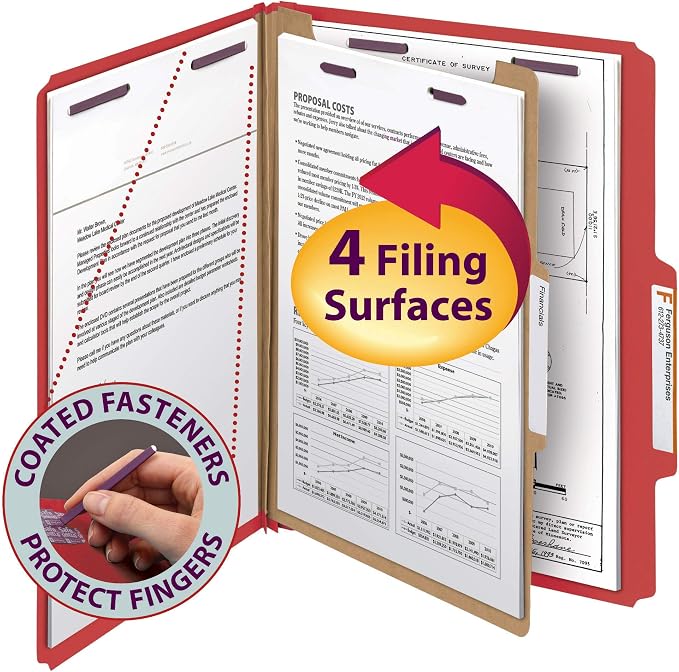 Smead Pressboard Classification File Folder with SafeSHIELD Fasteners, 1 Divider, 2" Expansion, Letter Size, Bright Red, 10 per Box (13731) (Pack of 1) - Image 2