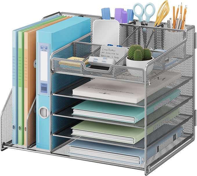 Lavatino 5-Tier Metal Mesh Desk Organizer with 2 File Holders & 7 Customizable Compartments | Paper Letter Tray for Office or Home Desk Storage | Keep Workspace Supplies Neat & Organized, Silver by Lavatino