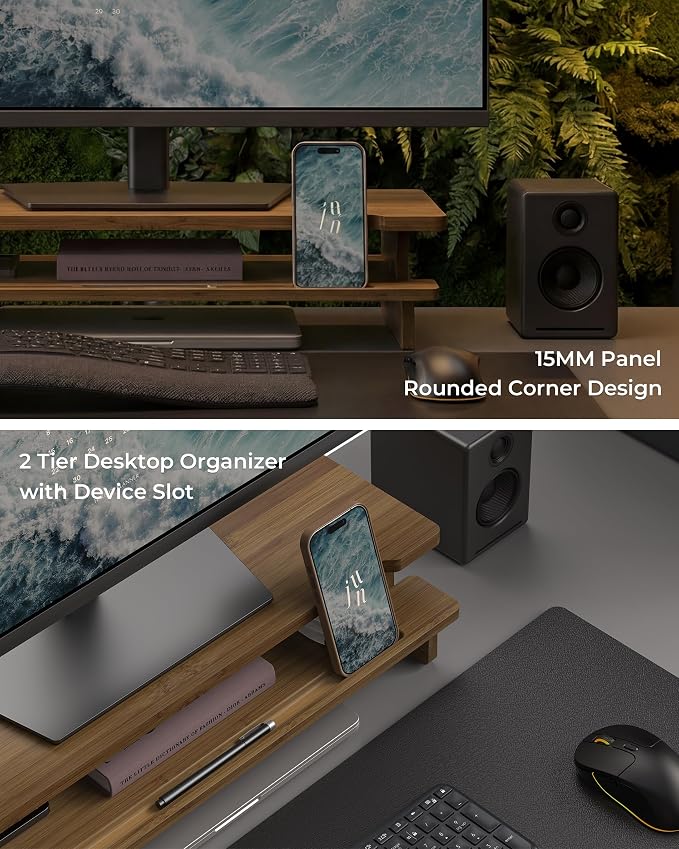 23” Monitor Stand with Phone Tablet Holder Bamboo Desk Shelf | Monitor Riser for 40-55” Desk Cozy Computer Setup Workplace Organizer Keyboard Storage Toasted Bamboo Color Compact Ergonomic - Image 3