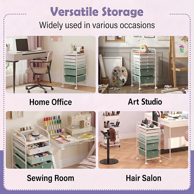 COSTWAY 6-Drawer Rolling Storage Cart, Art Craft Tools Organizer on Wheels | Multifunctional Heavy Duty Utility Mobile Storage Trolley w/ 2 Lockable Wheels for Home Office School (Green Gradient) - Image 7