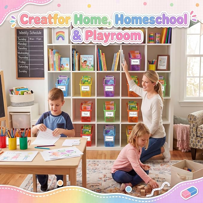 Blosssound 6 Set Book Bins for Classroom with Label Sticker Book Box Baskets Plastic Stackable Organizing Bins Storage & Organization for Classroom Library Home School Supplies (Translucent Colorful) - Image 6