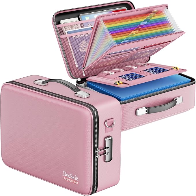 DocSafe Fireproof Document Box Hard Case with Lock ＆ Accordion File Folder | Fire and Water Resistant Safe Box,File Organizer,Multi-Pocket,Home Office Travel Storage for Important Document,Laptop,Pink by DocSafe