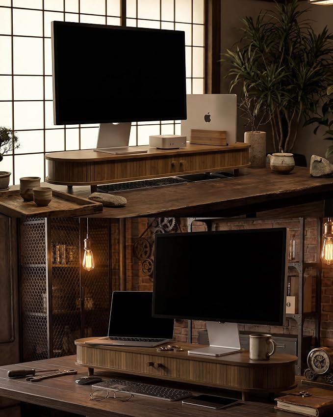 42 Inch Curved Dual Monitor Stand Riser with Storage Desk Shelf | Double Computer Stand with Sliding Doors for 55-72 Inch Cozy Workplace Computer Setup Desk Organizer Toasted Bamboo Color - Image 8