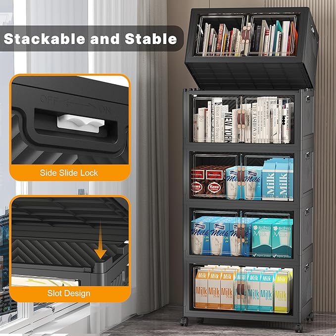 Stackable Storage Bins, 275QT Collapsible Drawers with 1 Lid | Large Capacity, Magnetic Door, Stack Lock, Rolling Wheels, Foldable Design, Organizers and Storage for Bedroom Dorm Garage - Image 3