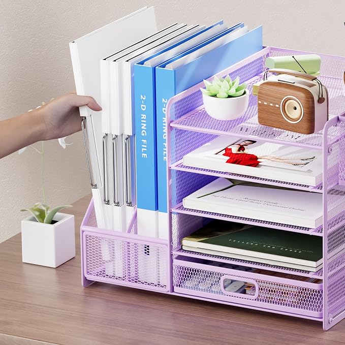 Marbrasse Desk Organizer with File Holder, 5-Tier Paper Letter Tray Organizer with Drawer and 2 Pen Holder, Mesh Desktop Organizer and Storage with Magazine Holder for Office Supplies(Purple) - Image 5