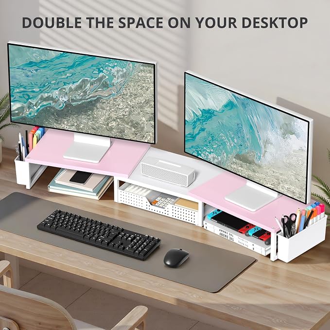 Desk Organizers and Accessories, Dual Monitor Stand Riser with Drawer and 2 Pen Holders, Desk Shelf Computer Racks for Office Workspace Organizers, Desktop Organization (Pink-White) - Image 4
