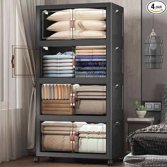 672QT Stackable Storage Bins with Lids,Doors & Wheels | Closet Organizers and Storage Cabinet, Lockable Plastic Foldable Drawers for Bedroom Dorm Office Garage（168QT*4,Black） by UAMFURIDirect