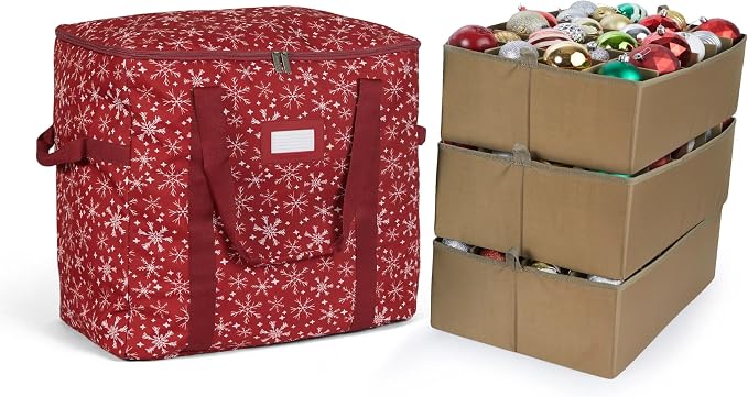 Covermates Keepsakes Adjustable Ornament Storage Bag – Heavy-Duty Polyester, Padded Dividers & FlexGrid Trays – Protective Holiday Ornament Organizer with Handles & Label Window, Red Snowflake by Covermates