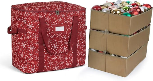 Covermates Keepsakes Adjustable Ornament Storage Bag – Heavy-Duty Polyester, Padded Dividers & FlexGrid Trays – Protective Holiday Ornament Organizer with Handles & Label Window, Red Snowflake by Covermates