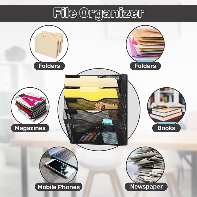 ZYLEN Wall File Holder – Sleek Black Metal Organizer for Documents and Folders, Home, and Classroom – Compact and Stylish Storage Solution for Papers, Folders, and Files (38 x 32 x 10 cm) - Image 4
