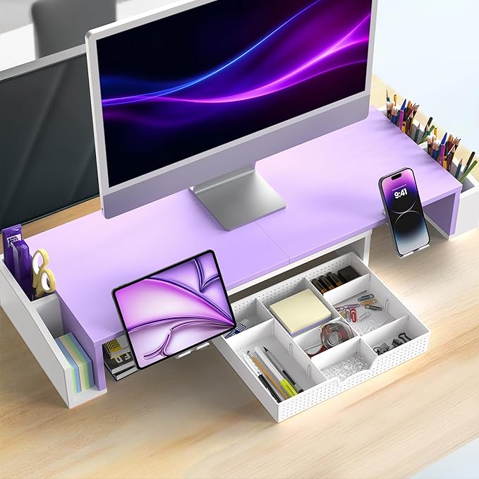 Simple Houseware Desk Dual Monitor Stand Riser with Drawer, Purple | Customizable Organizer Tray, Built-In Phone & Tablet Slot and Side Storage - Image 7