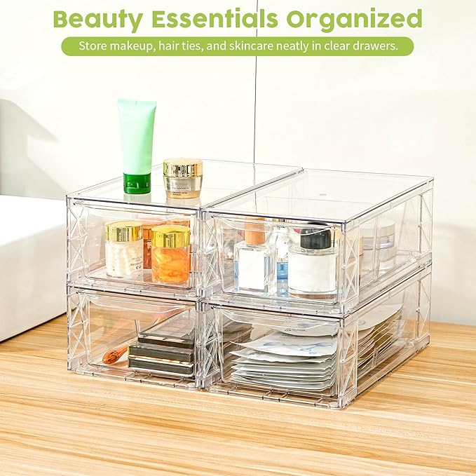 4 Pack Acrylic Storage Drawers, Clear Stackable Storage Drawers, Acrylic Organizers Drawers for Under Sink, Pantry, Bathroom, Makeup Organizers Cosmetic Display,Classroom Storage Organization, Medium - Image 6