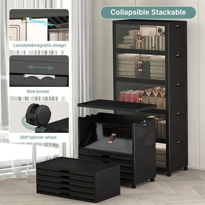 560QT Lockable Plastic Storage Bins, 5 Pack Collapsible Cabinets | Stackable Organizer with Doors & Wheels, Foldable Containers for Bedroom, Dorm, Office & Garage Storage - Image 3
