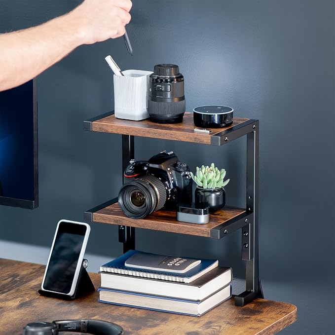 VIVO Vintage Brown Clamp-on 13 inch 2-Tier Desk Shelf, STAND-SHELF2C-N | Above or Below Desk, Rustic 2 Level Shelving Unit for Table Accessories Gaming Devices & More, Storage Tray Desktop Organizer - Image 8