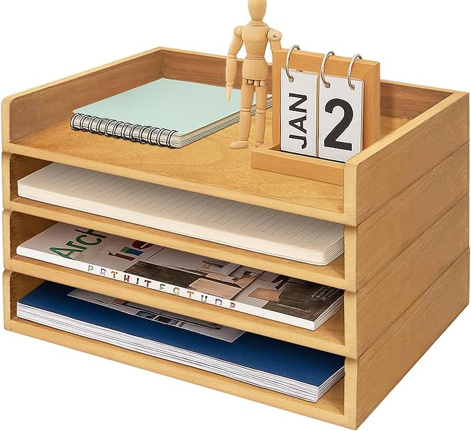 Wooden Paper Tray Organizer for Desk, Stackable Paper Holder and Letter Tray, 4-Tier Desktop File Storage Rack for Study,Home and Office (Oak, 14" x 9.5" x 2.5") by Hamstercages