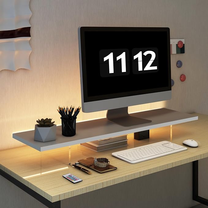 Monitor Stand Riser,Wood & Acrylic Computer Monitor Stand with LED Light,Desk Accessories Desktop Organizer Stand for Computer,Laptop,Printer,PC & TV Screen Riser by LAQUEENIE