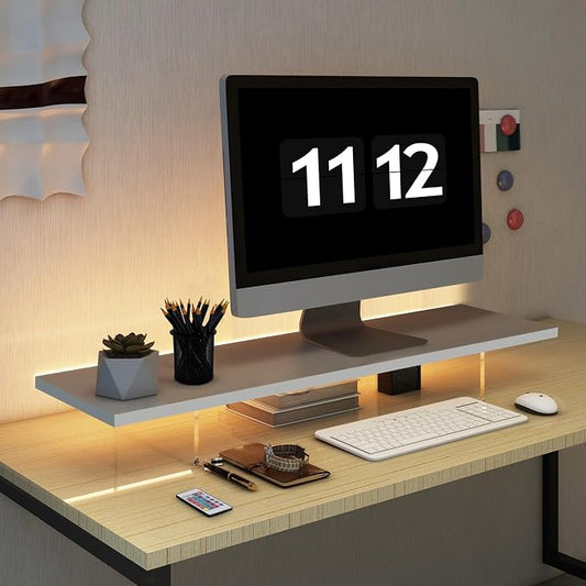 Monitor Stand Riser,Wood & Acrylic Computer Monitor Stand with LED Light,Desk Accessories Desktop Organizer Stand for Computer,Laptop,Printer,PC & TV Screen Riser by LAQUEENIE