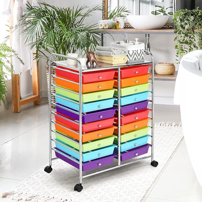 GOFLAME 20-Drawer Rolling Storage Cart, Multifunctional Art Craft Organizer Cart, Mobile Utility Storage Cart with Removable Drawers & Lockable Wheels, Craft Cart for Home Office School, Multicolored - Image 9