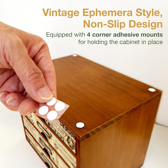4-Drawer Vintage Ephemera Pattern Desktop Organizer - Arts and Craft Newspaper Design Desk Storage Cabinet - Ephemera Wood Shelf Drawers with Label Holders - Scrapbook Collecting - Image 4
