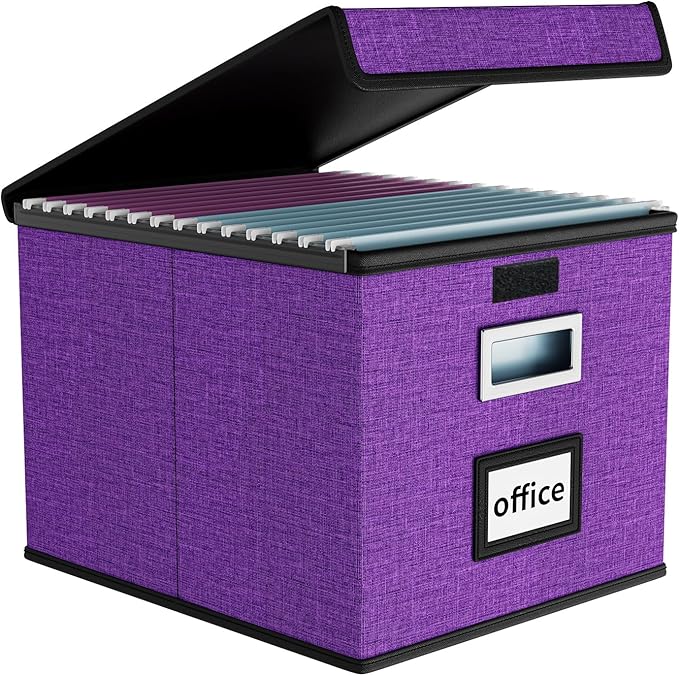 File Organizer Box with Lids, Collapsible File Folder Organizer | File Box with Plastic Slides for Office Document Storage, Filing Bin for Letter Size Hanging File Folders (1 Pack, Purple) by Huolewa