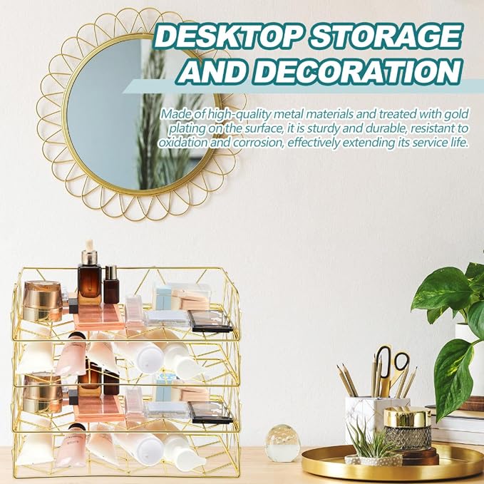 Yeaqee 4 Tier Stackable Gold Desk Organizer Paper Tray Rack Metal Letter Desk File Organizer Horizontal Holder File Trays for Office Desktop Supplies and Accessories - Image 6