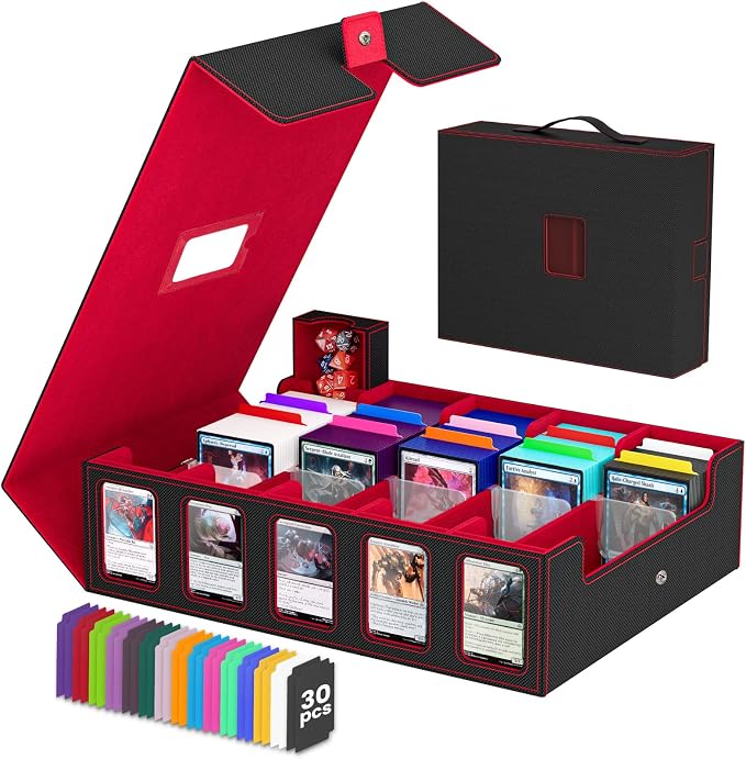 5 Row Trading Card Storage Box, Fit 4200+ Sleeveless Cards, Black & Red | Large Capacity, Portable Handle, Include 30 Divider, 8 Supporters, 1 Dice Tray, Compatible for MTG/TCG/Magic Sports Cards by Gomyrod