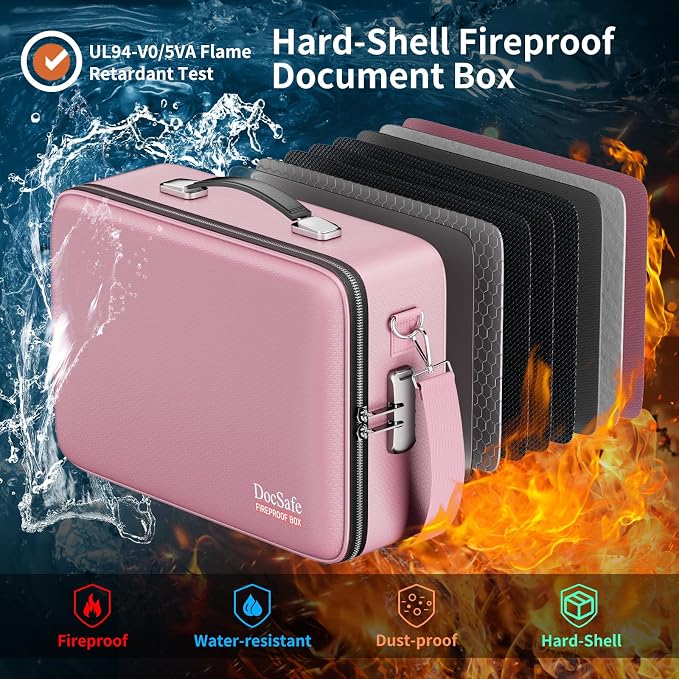 DocSafe Fireproof Document Box Hard Case with Lock ＆ Accordion File Folder | Fire and Water Resistant Safe Box,File Organizer,Multi-Pocket,Home Office Travel Storage for Important Document,Laptop,Pink - Image 2