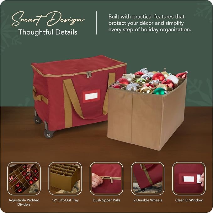 Covermates Keepsakes Rolling Adjustable Ornament Storage Bag – Heavy-Duty Polyester, FlexGrid Trays & Padded Dividers – Protective Holiday Organizer with Wheels, Handles & ID Window, Red - Image 4