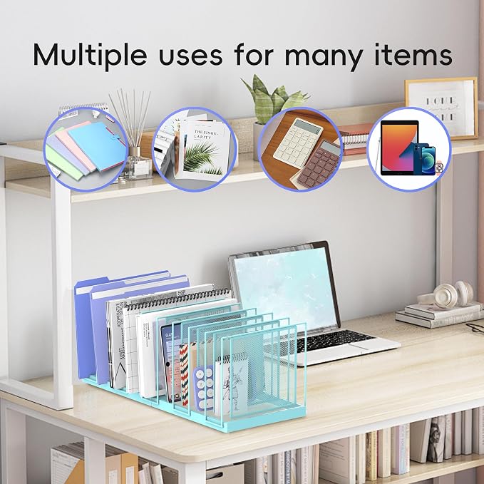 9-Section Desk File Organizer, Vertical File Holder, Mesh Desktop File Folder Metal File Organizer Stand for Office Home Classroom, Blue - Image 3