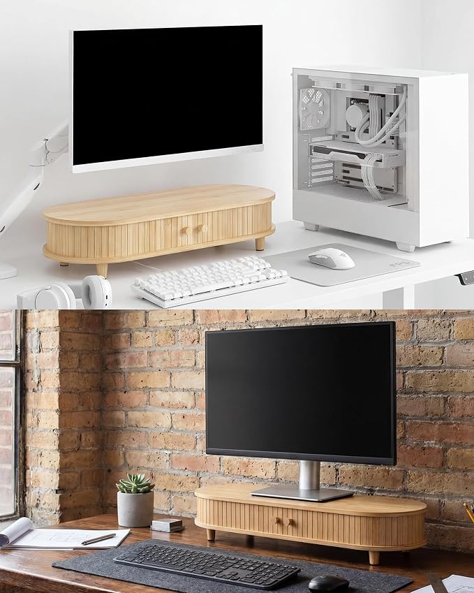Bamboo Monitor Stand with Storage, 25 Inch Desk Shelf Riser | Curved Computer Laptop Stand Desk Shelf Organizer with Sliding Doors for 47-55 Inch Desk - Image 8