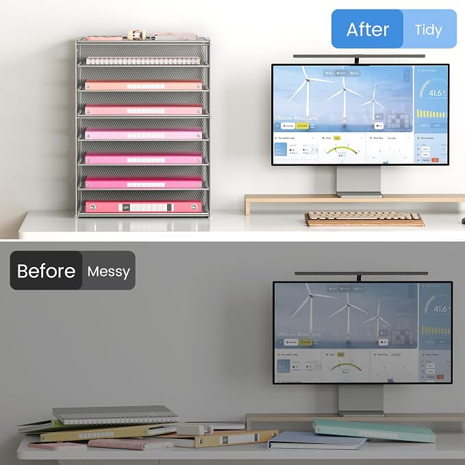 Lavatino 8-Tier Office Desk File Organizer, Letter Tray Paper Organizer with Handle, Including 5 Adjustable Slide Trays for Organizing Desktop Workspace Accessories and Supplies (Silver Metal Mesh) - Image 5