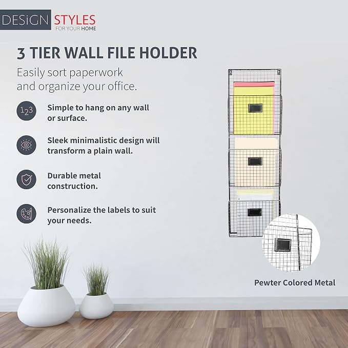 Three Tier Wall File Holder – Durable Pewter Metal Rack with Spacious Slots for Easy Organization, Mounts on Wall and Door for Office, Home, and Work - Image 4