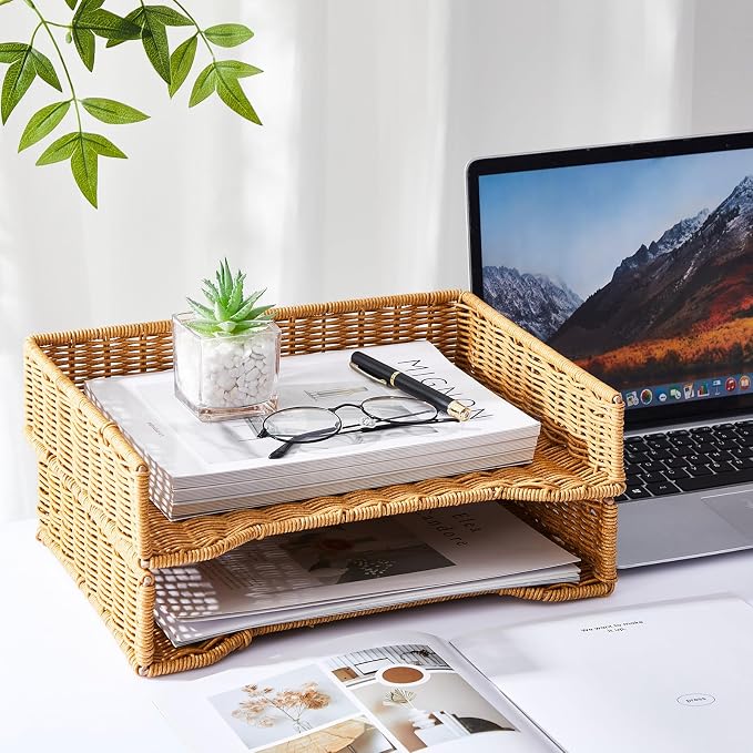 Yeaqee 2 Pcs Paper Tray Organizer for Desk Woven Letter File Organizer A4 File Tray Desk Paper Basket Letter Size Imitation Rattan Holder Organization Rack for Office Storage(Brown,Wheat Ear Pattern) - Image 5