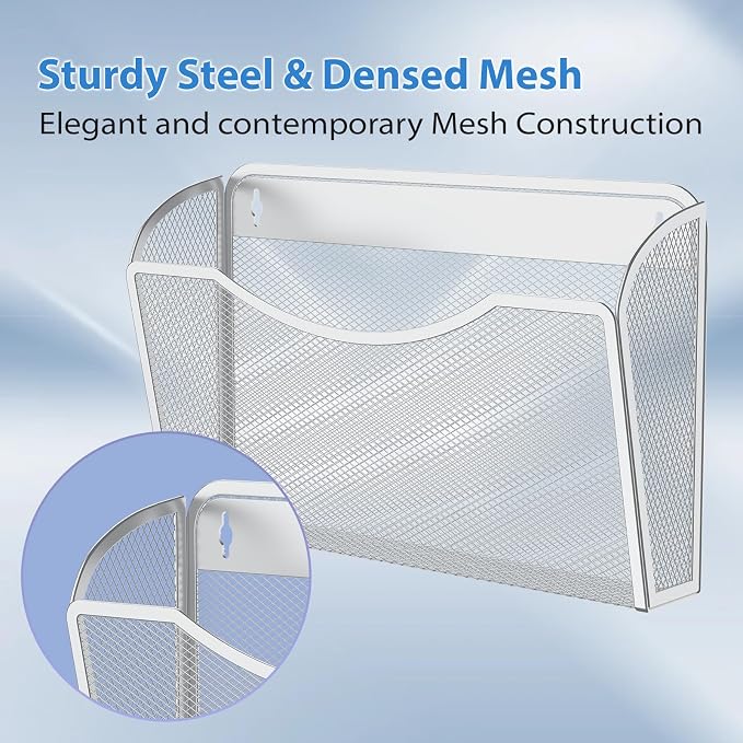 MINDEPOT Wall File Organizer, Hanging Wall File Holder, 1 Pack, White | Heavy Duty Iron, Metal Mesh Wall Mount, Single Pocket, Mail Organizer, for Office School Classroom Home, Letter A4 Size - Image 5