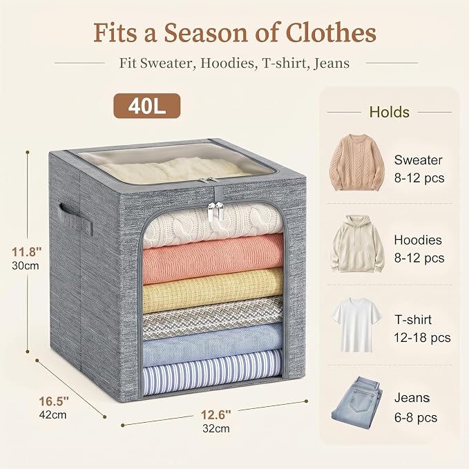 GoMaihe Clothes Storage Bins with Metal Frame for Closet, 40L 6-Pack Grey | Sweaters Hoodies Jeans T-Shirt, Closet Top Shelf Organizer, Steel Frame Collapse-Proof, Stackable, Clear Window, Dual Access - Image 3