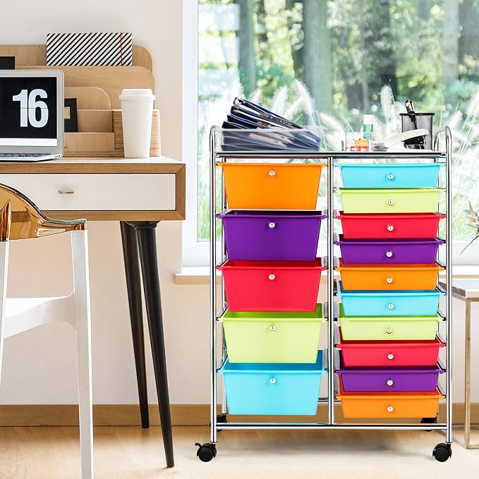 GOFLAME 15-Drawer Rolling Storage Cart, Craft Storage Cart with Removable Drawers & Lockable Wheels, Art Cart Supply Storage Organizer for Home Office Classroom, Multicolor - Image 2