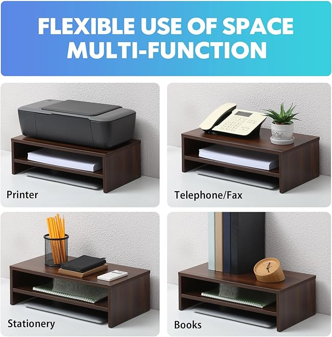 FITUEYES Wooden Monitor Stand Riser, 2-Tier Desk Storage Shelf, Brown | 16.7-Inch Desktop Organizer Fits Laptop, Computer Screen and Office Supplies - Image 5