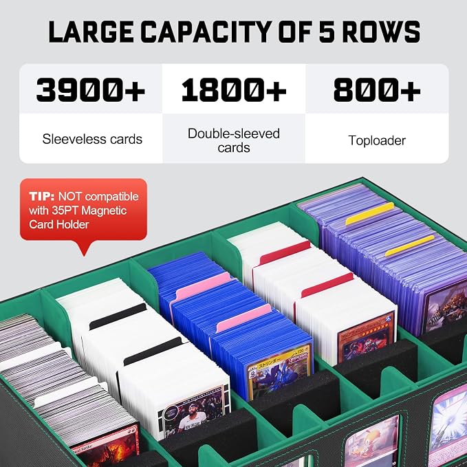 ZLCA Trading Card Storage Box 5-Row with Handle, MTG Storage Box | Holds 3900+ Cards with Commander Display, Top Loaders Organizer Case for TCG PTCG Sport Card(Black&Green) - Image 2