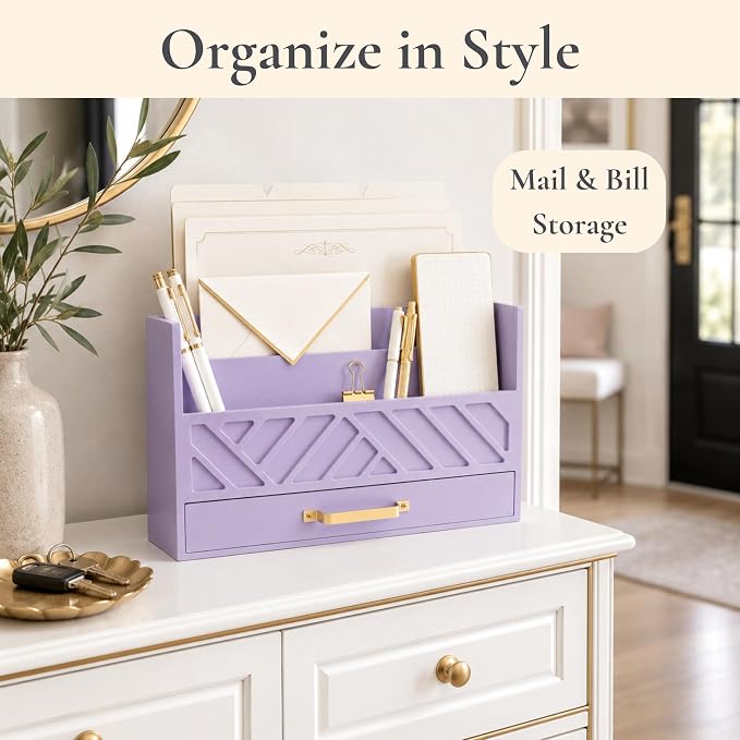 BLU MONACO | Wooden Mail Organizer Countertop with Drawer | Tabletop Organizer with Drawers for Desk | Mail Sorter Organizer Countertop Letter Paper Holder - Image 3