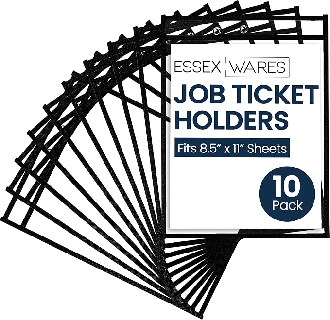 Essex Wares - 10 Pack, Black Job Ticket Holders, 10" Wide x 13.5" Tall | Water-Resistant, Shop Ticket Holders, Document Protectors, Clear Plastic Sleeves, Reusable & Easy Erase, Dry Erase Pockets by EssexWares