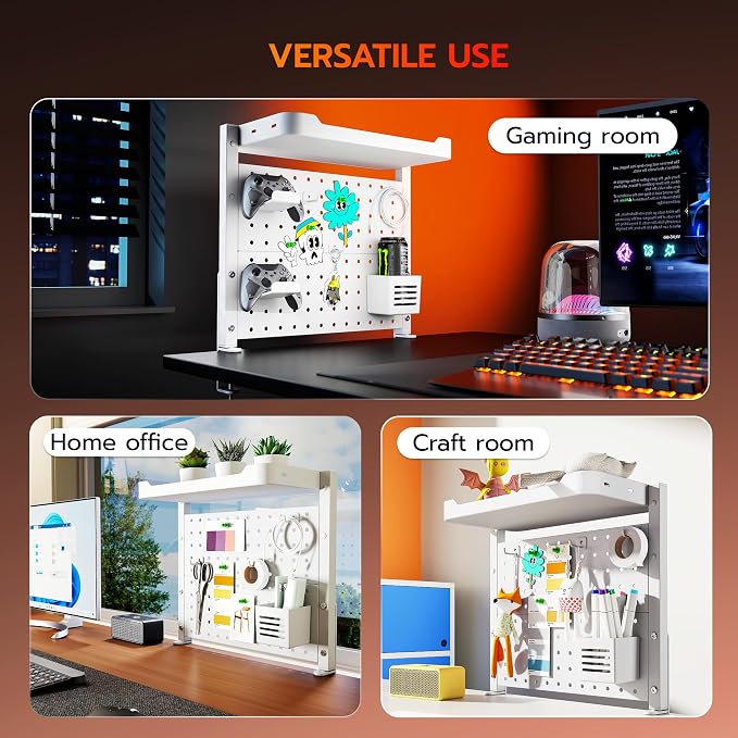 ARES WING Desk Clamp On Pegboard with 16 inches Organizer Shelf, White | Adjustable Above or Under Desk Storage Shelf Holds 44 lbs, Magnetic Metal Peg Board for Office and Gaming Accessories - Image 8