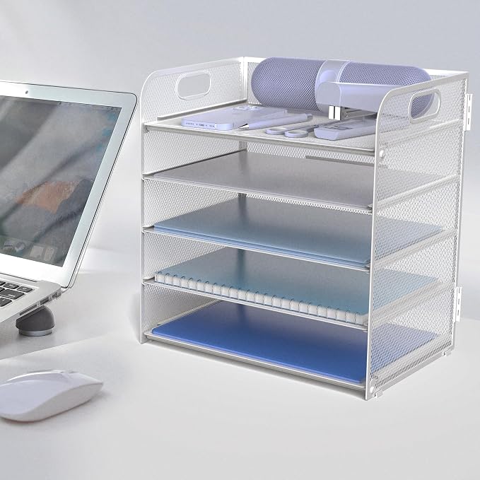Letter Tray Paper Organizer 5-Tier Desk Organizer File Organizer Paper Holder with Handle, Metal Desktop Document Shelf Tray Office Classroom Organization - Silver - Image 4