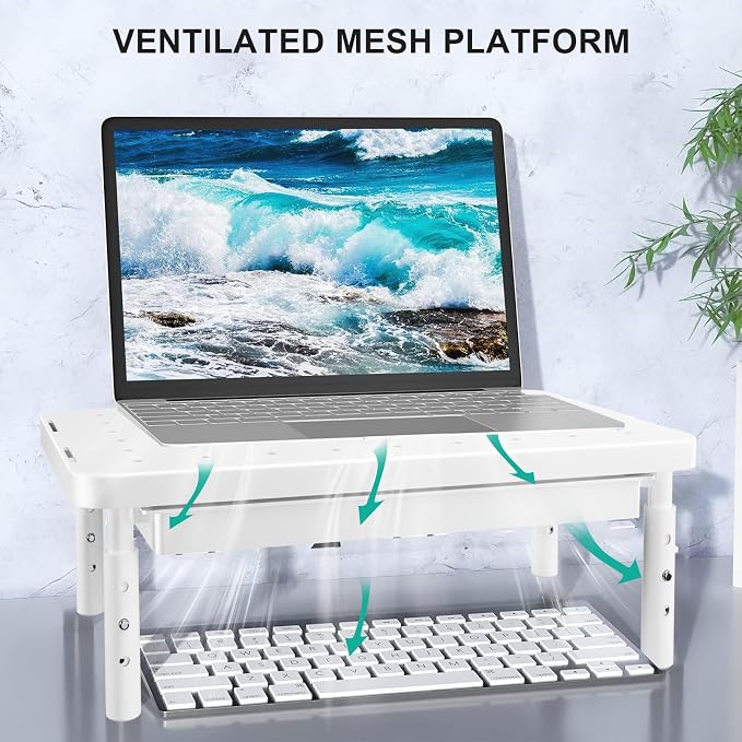 WALI Computer Monitor Stand with Storage, Monitor Riser 3 Height Adjustable | Laptop Riser with Airflow Vents, Desk Organizer for Computer, Printer, Notebook (PTT002-W), 1 Pack, White - Image 4