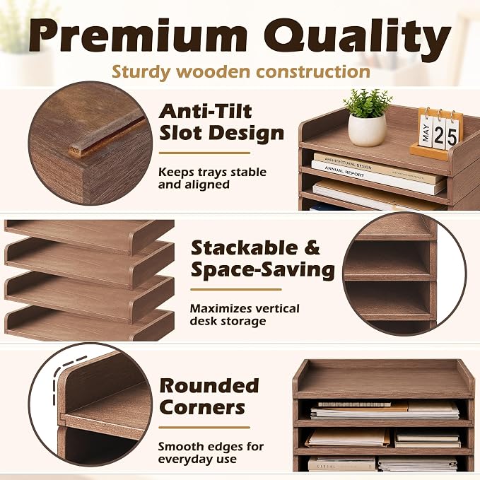 4 Pack Stackable Paper Tray, Wooden Paper Tray Organizer with Letter Tray, Paper Holder for Desk, Desktop File Storage Rack for Study, Home and Office (Walnut) - Image 4