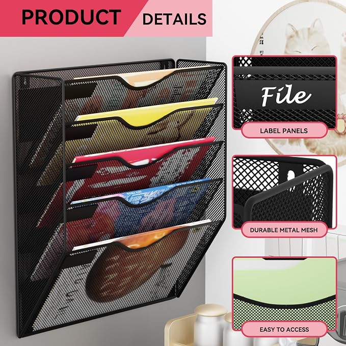 5-Tier Magnetic File Holder, No Drilling Wall File Organizer, File Folder Bins, Mail & Magazine Rack, Magnetic Paper Document Holder for Refrigerator File Cabinets Whiteboard, Black - Image 4