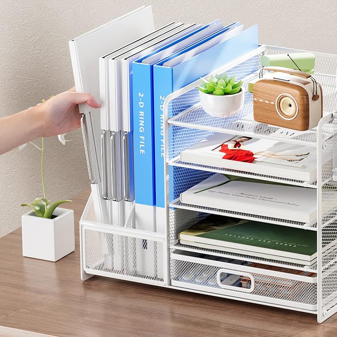 Marbrasse Desk Organiser with File Holder, 5-Tier Paper Letter Tray Organiser with Drawer and 2 Pen Holder, Mesh Desktop Organizer and Storage with Magazine Holder for Office Supplies(White) - Image 5