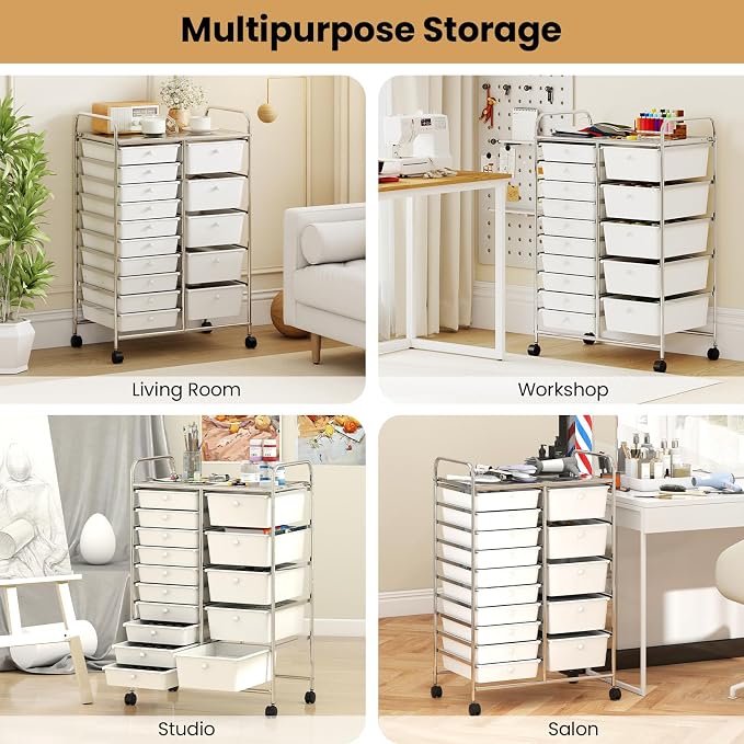 Giantex 15 Drawer Rolling Cart with Drawers, Storage Organizer Cart for Classroom Office School Teacher, Mobile Drawer Cart for Tools, Crafts, Small Printer, Ivory - Image 8